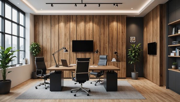 Aménagement tendance : bureaux stylés avec cloison mobile en bois